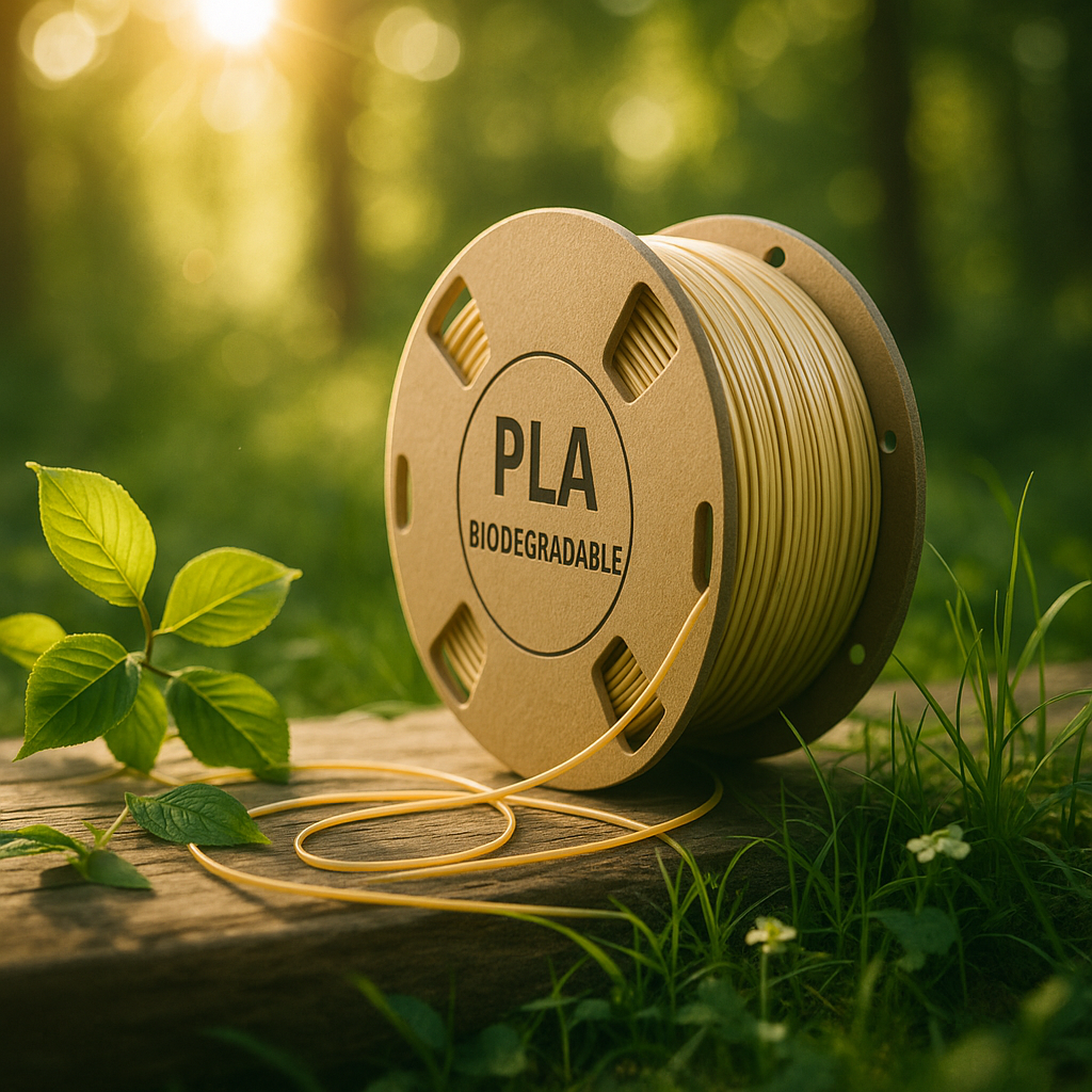 A spool of biodegradable PLA filament rests on a wooden surface in a forest clearing, with sunlight filtering through the trees. The cardboard reel emphasizes sustainability, while the label clearly states “PLA Biodegradable.” Fresh green leaves and grass enhance the natural theme, underlining the eco-friendly qualities of the filament. This material is widely used in 3D printing as a renewable, compostable, and environmentally responsible choice.
