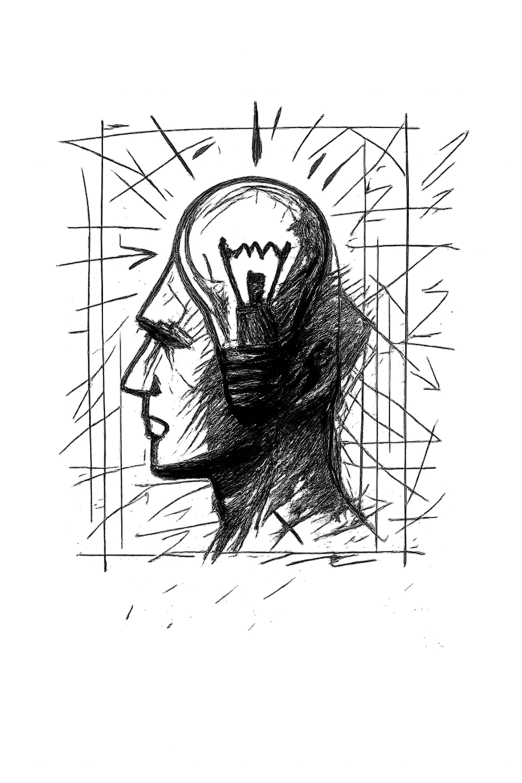 A black and white sketch illustrates the profile of a human head with a large light bulb integrated into the skull, radiating lines of energy. The drawing combines rough, expressive strokes with geometric framing, creating a symbolic representation of thought, creativity, and innovation. The light bulb emphasizes the concept of a sudden idea or breakthrough, while the artistic style adds intensity and focus to the theme of imagination and intellect.