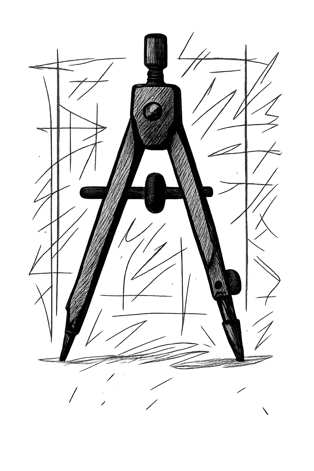 A hand-drawn sketch shows a detailed drawing compass standing upright against a backdrop of geometric lines and expressive strokes. The instrument is rendered with bold shading, emphasizing its function as a tool of precision in geometry, architecture, and engineering. The artistic composition combines technical accuracy with creative energy, highlighting the balance between structured measurement and imaginative design in visual expression.
