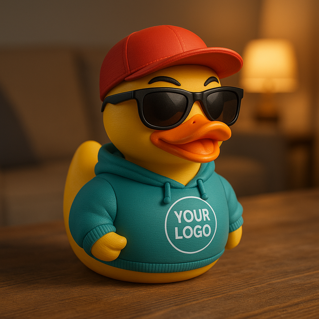 A playful yellow duck figurine is styled with black sunglasses, a red cap, and a teal hoodie featuring a circular space labeled “Your Logo.” The design highlights its customizable nature, allowing businesses to add branding for marketing, events, or promotional giveaways. The figurine combines humor with practical branding potential, making it a fun and memorable corporate gift or decorative item that draws attention and reinforces identity.