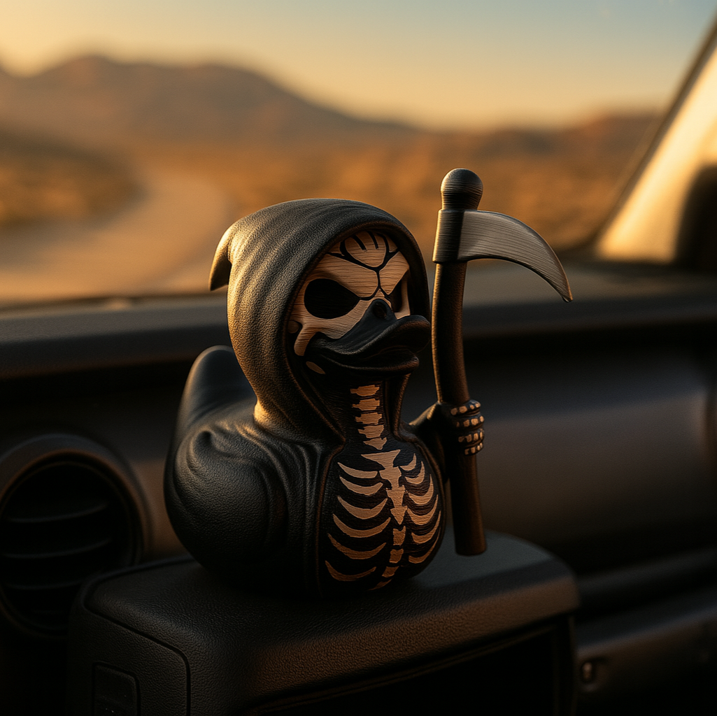 A dark Grim Reaper duck figurine with a skeletal chest design sits on a car dashboard, dressed in a black hooded cloak and holding a scythe. The detailed toy features hollow eyes and a menacing beak, blending playful design with gothic flair. Warm sunlight streams through the car window, with blurred desert mountains in the distance, creating a dramatic and atmospheric setting that highlights the figurine’s unique character.