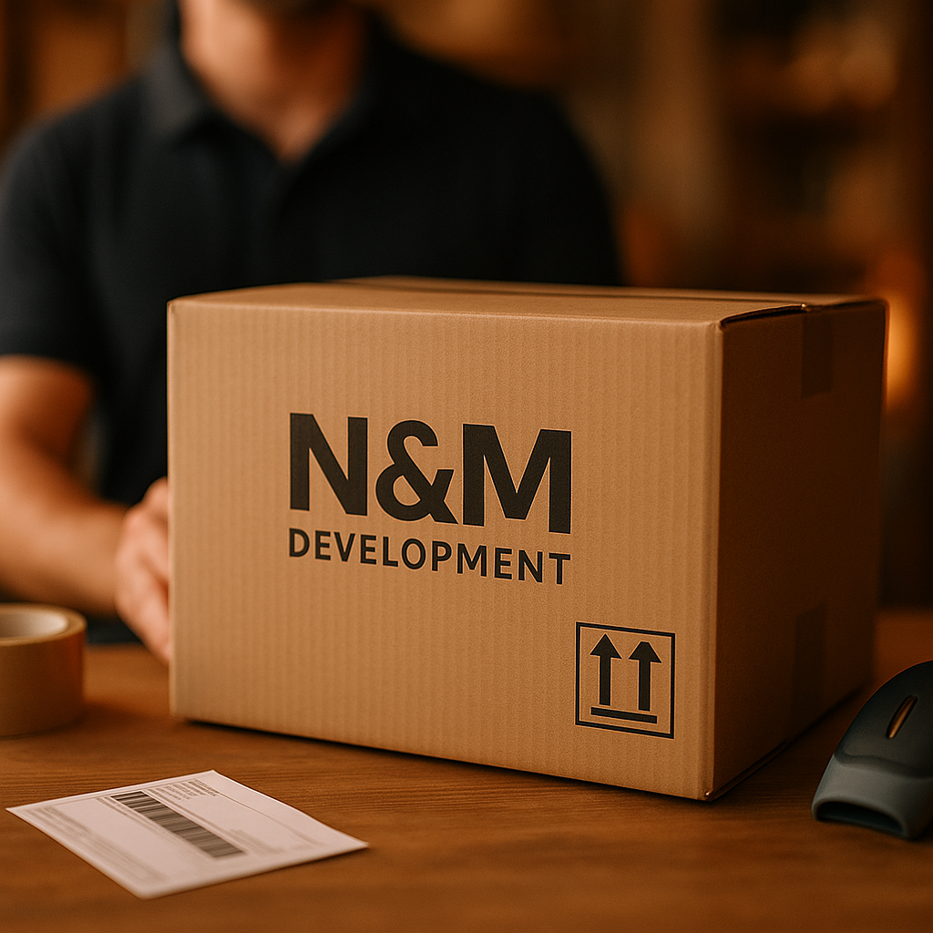 Brown cardboard shipping box with N&M Development branding placed on a desk, symbolizing packaging, delivery, and logistics