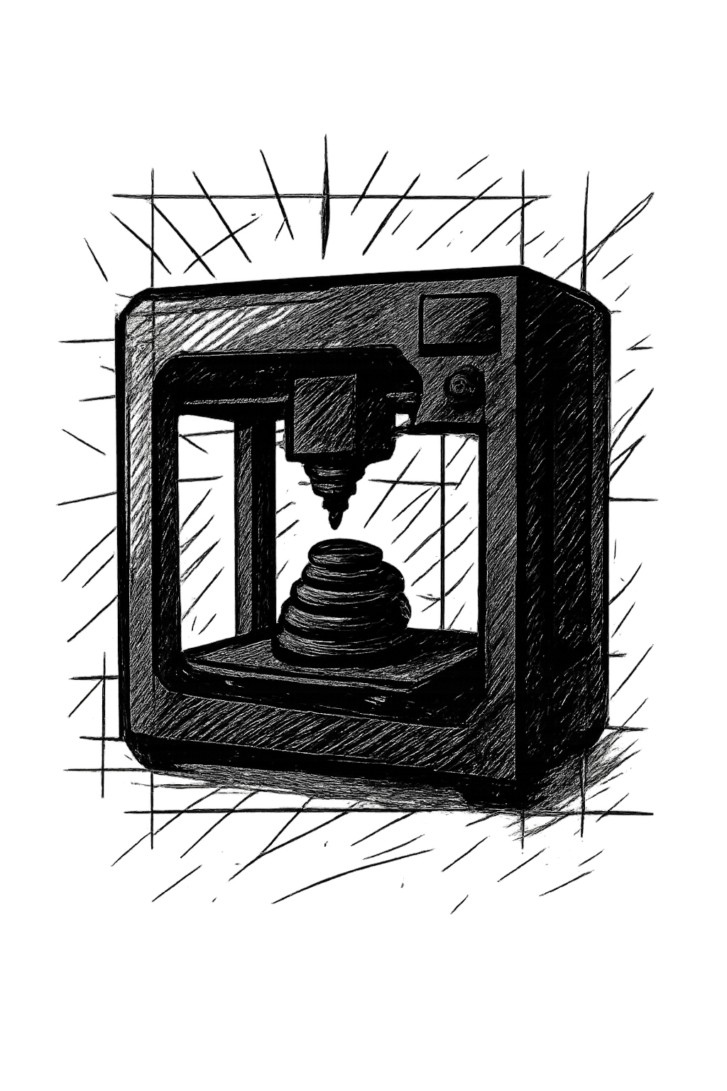 A detailed black and white sketch depicts a 3D printer in operation, with the nozzle extruding material to build a layered, cone-shaped object. The drawing combines precise shading with geometric lines, creating a balance between technical illustration and artistic style. The composition highlights the themes of modern technology, additive manufacturing, and innovation, while emphasizing the creativity and engineering behind 3D printing.