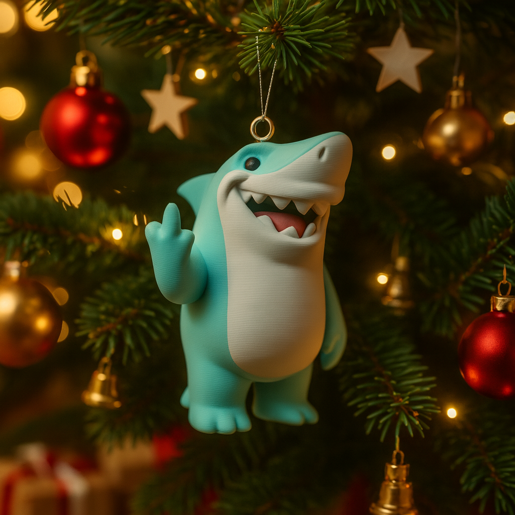 A bright blue shark figurine hangs as a Christmas ornament among green tree branches, golden stars, and shiny red baubles. With its wide grin, cartoonish features, and humorous raised hand gesture, the shark adds a playful twist to traditional holiday décor. Warm string lights illuminate the scene, blending festive cheer with quirky humor, making it a standout piece for those seeking unique Christmas decorations.