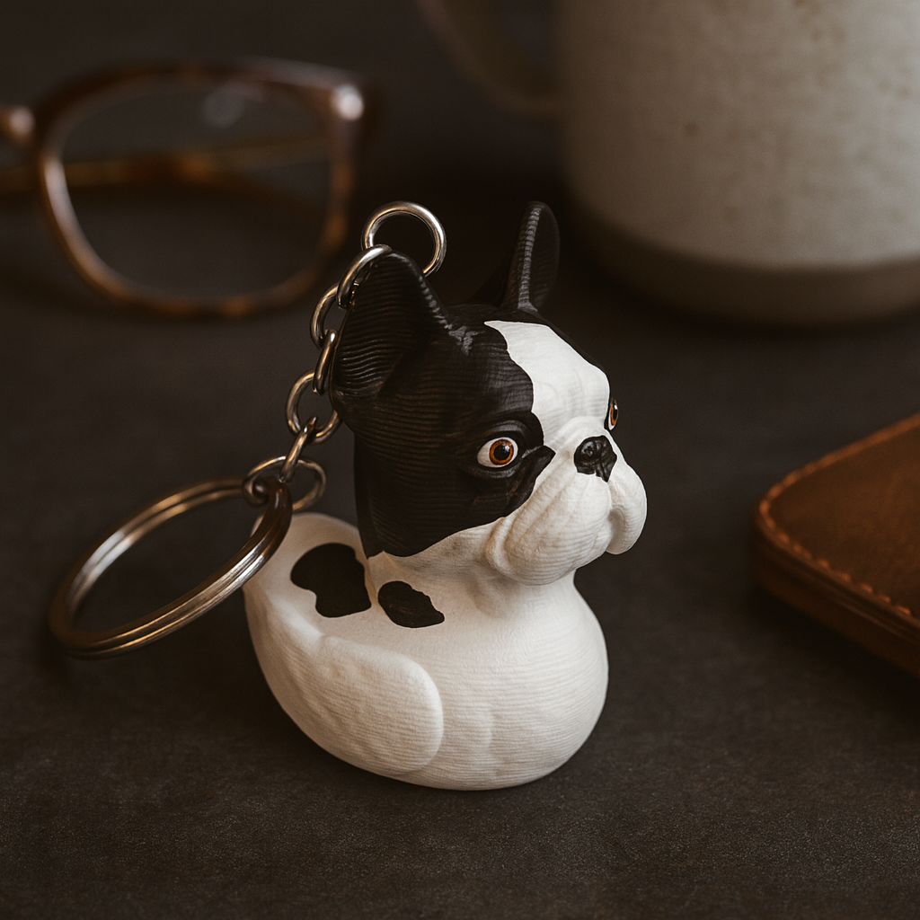 A black and white French Bulldog-inspired keychain with a duck-shaped body rests on a desk. The figurine features detailed sculpting with expressive eyes and a compact form, attached to a sturdy metal keyring. Nearby objects such as glasses and a leather wallet add context to the cozy tabletop scene. This playful accessory blends practicality with charm, appealing to dog lovers who enjoy unique and stylish keychains.