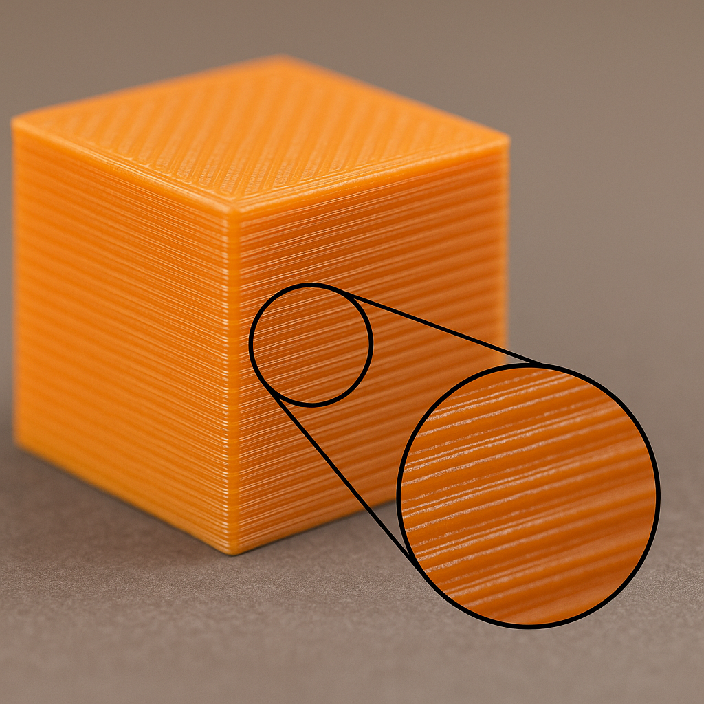 An orange 3D printed calibration cube is displayed with a magnified circular inset focusing on the surface texture and layer lines. The detailed view emphasizes the precision and quality of the additive manufacturing process, showing consistent filament deposition. This type of calibration model is commonly used to test printer accuracy, layer adhesion, and dimensional reliability in 3D printing, making it a valuable tool for fine-tuning print settings.