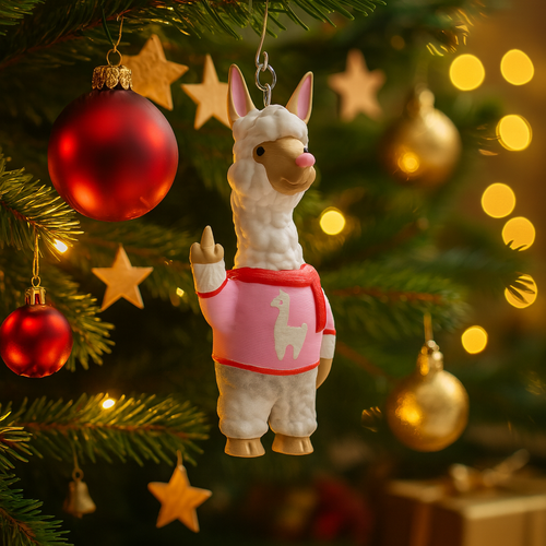 Funny alpaca ornament hanging in a Christmas tree, cute miniature farm animal decoration and unique alpaca gift for festive holiday decor