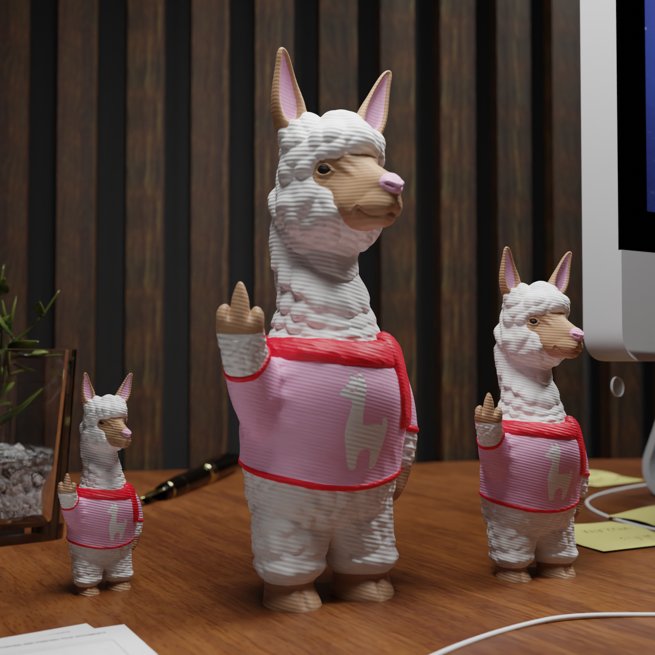 Small alpaca figurine placed next to a computer, miniature farm animal decoration and funny alpaca gift for office desk workspace