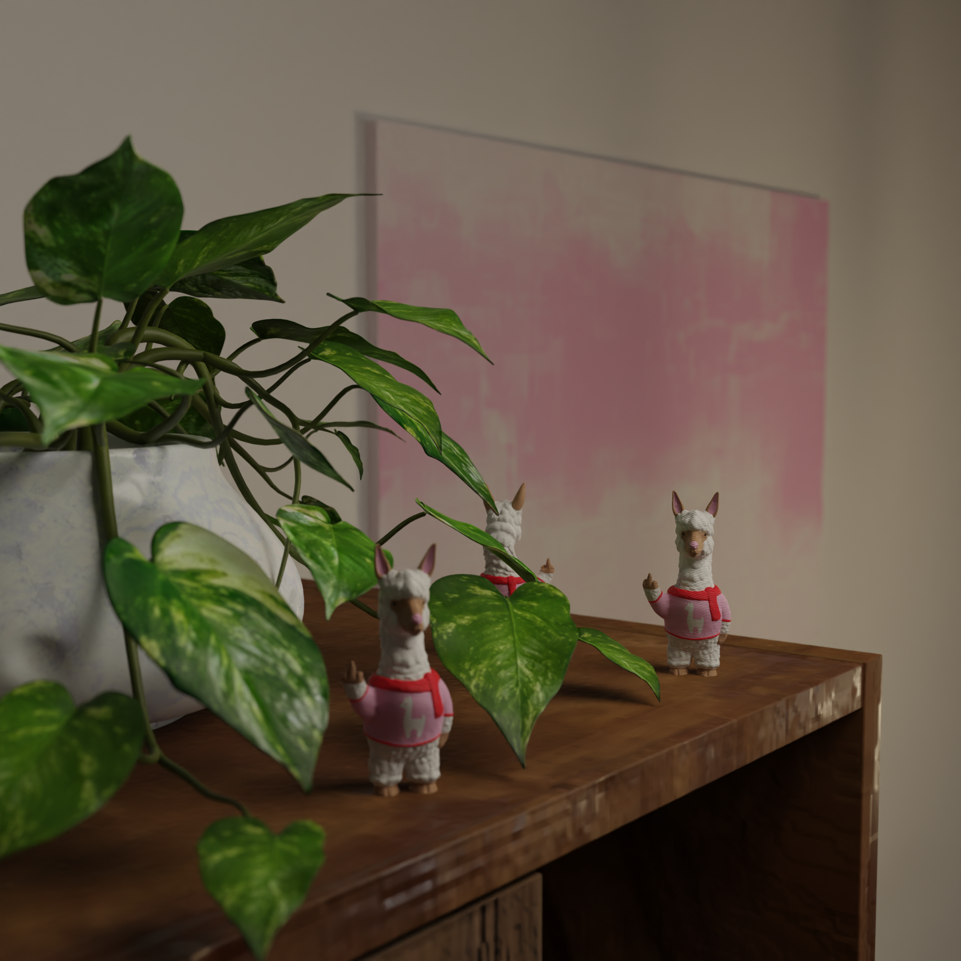 Small alpaca figurine next to a plant, funny miniature farm animal decoration and unique alpaca gift for home decor with greenery