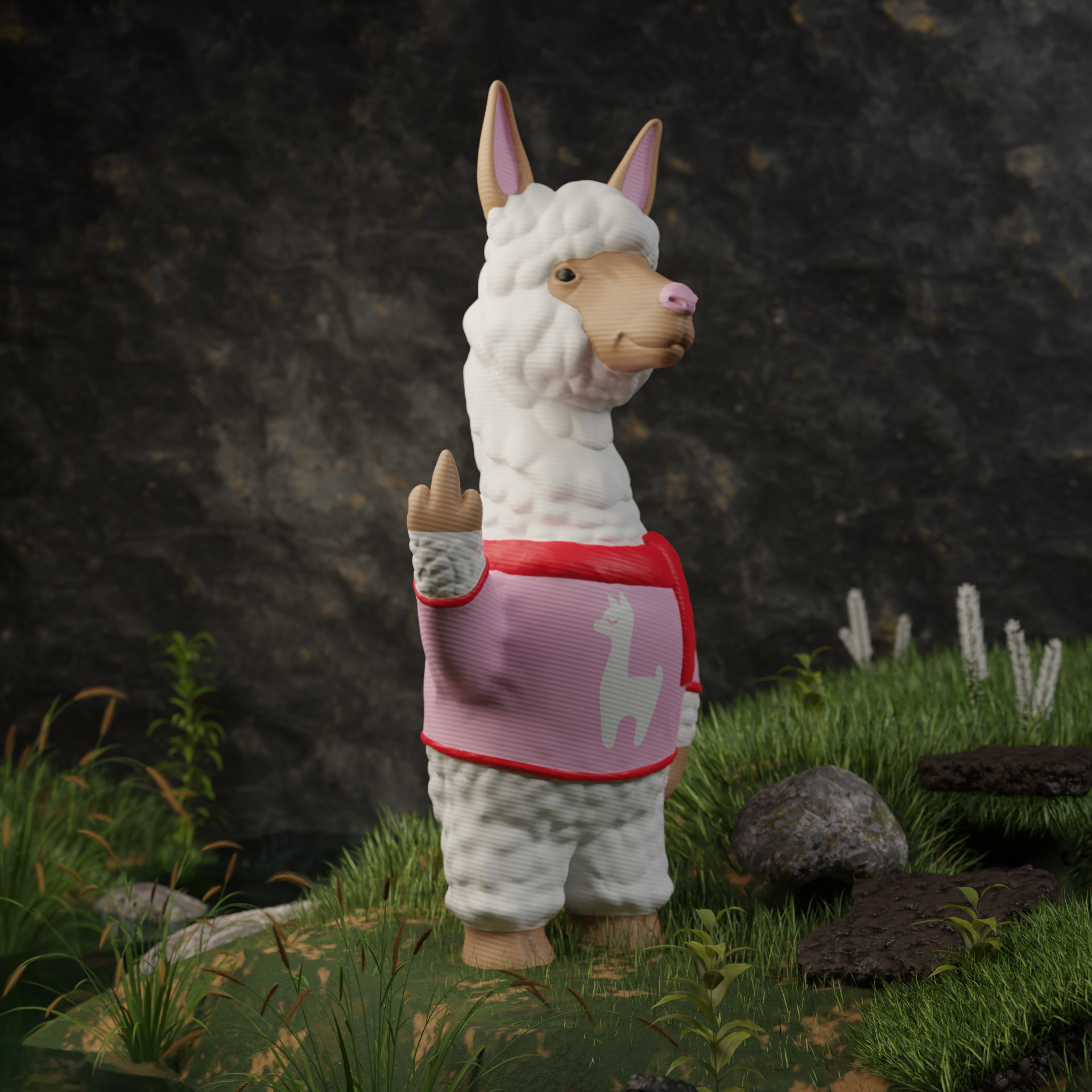 Small alpaca figurine in a garden, miniature farm animal decoration and funny alpaca gift for outdoor or balcony decor