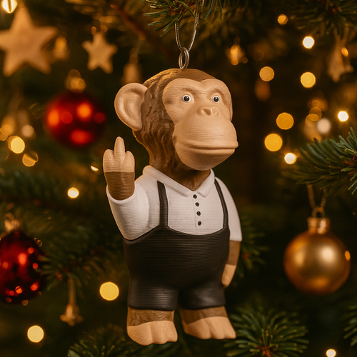 Funny ape ornament hanging in a Christmas tree, cute miniature wild animal decoration and unique ape gift for festive holiday decor