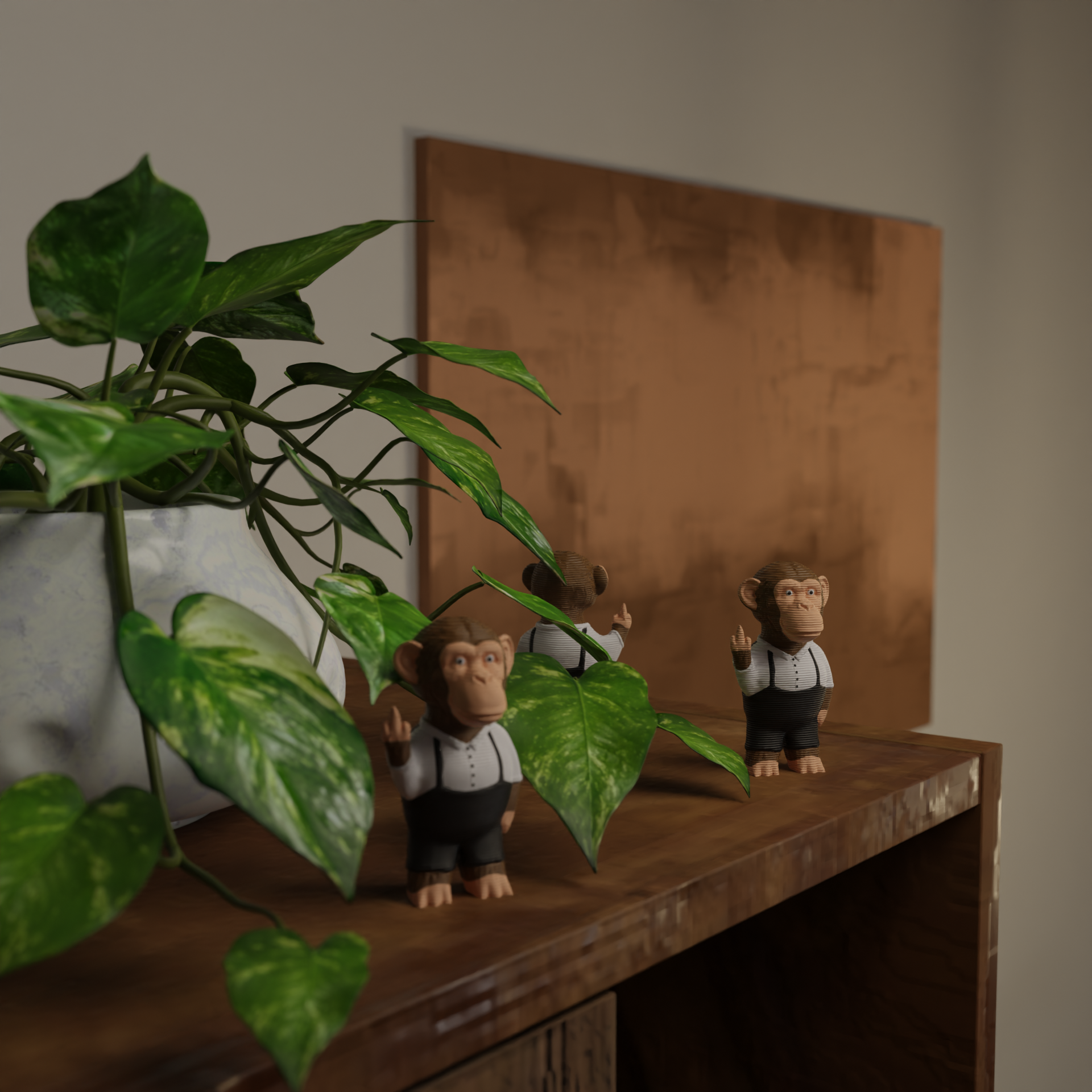 Small ape figurine next to a plant, funny miniature wild animal decoration and unique ape gift for home decor with greenery