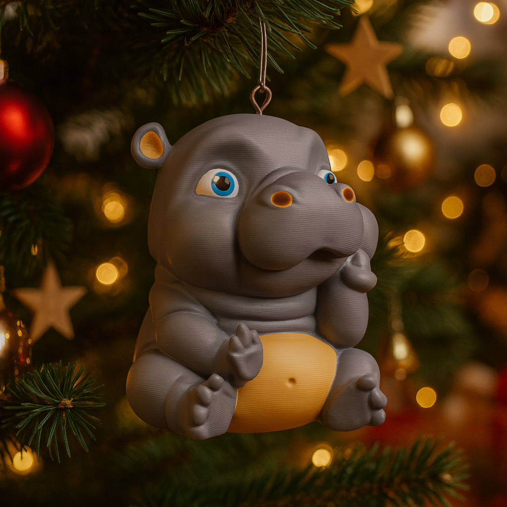 Cute baby hippo ornament hanging in a Christmas tree, funny miniature animal decoration for festive holiday decor