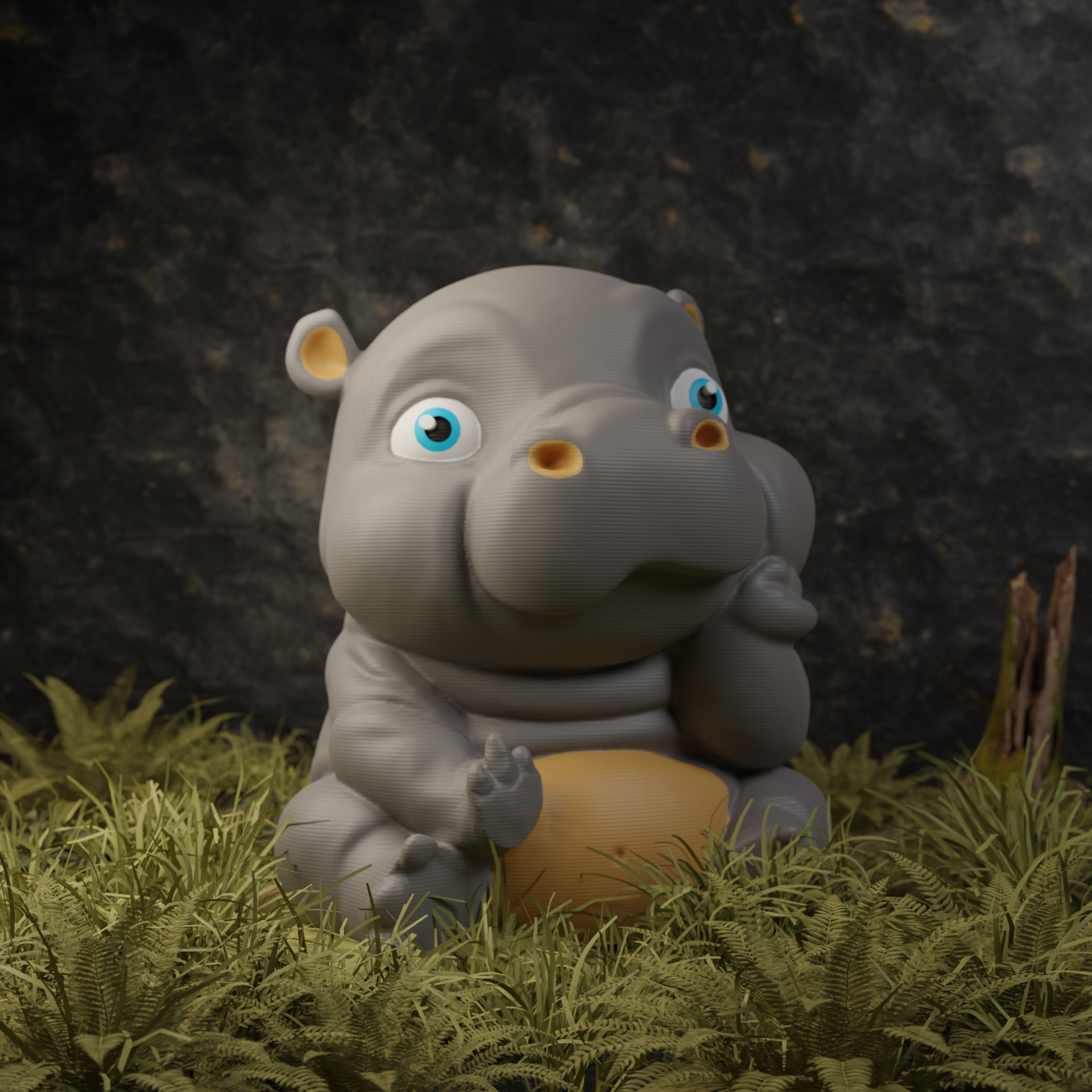 Small baby hippo figurine in a garden, funny miniature animal decoration for outdoor or balcony decor
