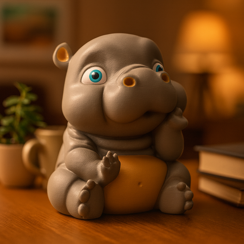 Small baby hippo figurine on a desk, cute miniature animal decoration for office or home workspace
