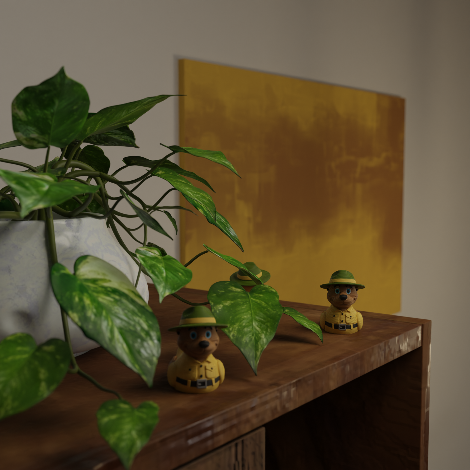 Small Bollo Duck figurine next to a plant, funny buffalo-themed miniature decoration and unique Bollo Duck gift for home decor with greenery