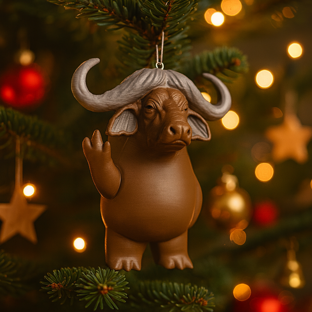 Funny buffalo ornament hanging in a Christmas tree, cute miniature wild animal decoration and unique buffalo gift for festive holiday decor