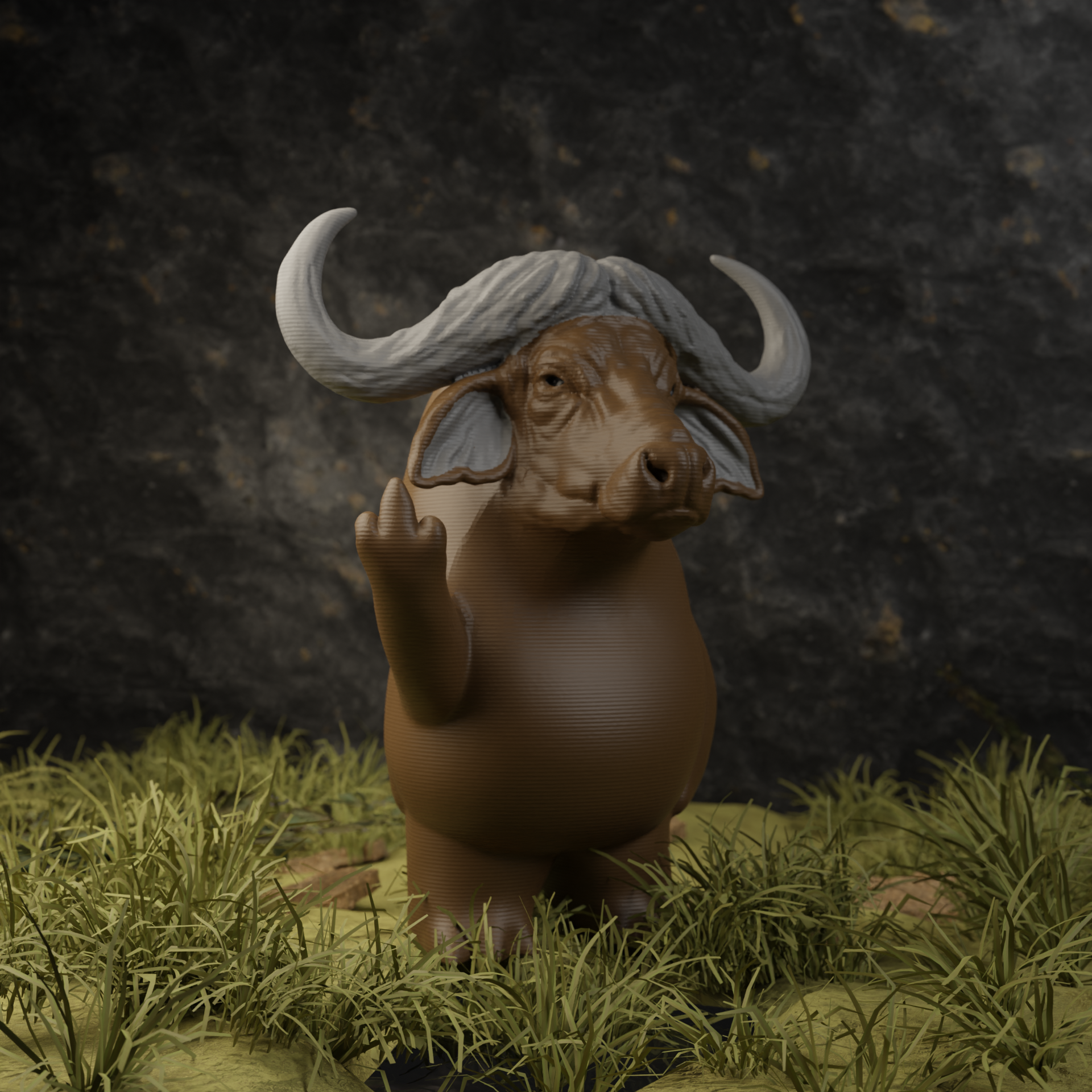 Small buffalo figurine in a garden, miniature wild animal decoration and funny buffalo gift for outdoor or balcony decor