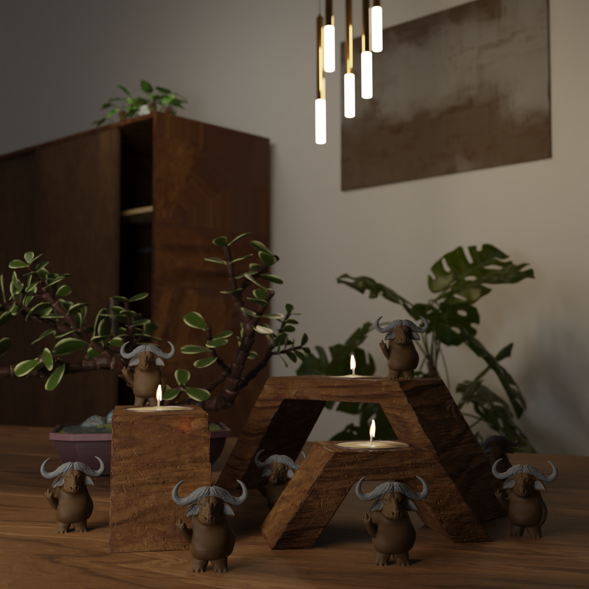 Small buffalo figurine displayed on a shelf, cute miniature wild animal decoration and funny buffalo gift for home interior display