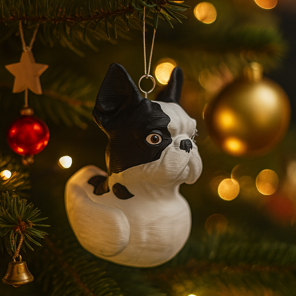 Funny bulldog duck ornament hanging in a Christmas tree, cute miniature animal decoration and unique bulldog duck gift for festive holiday decor