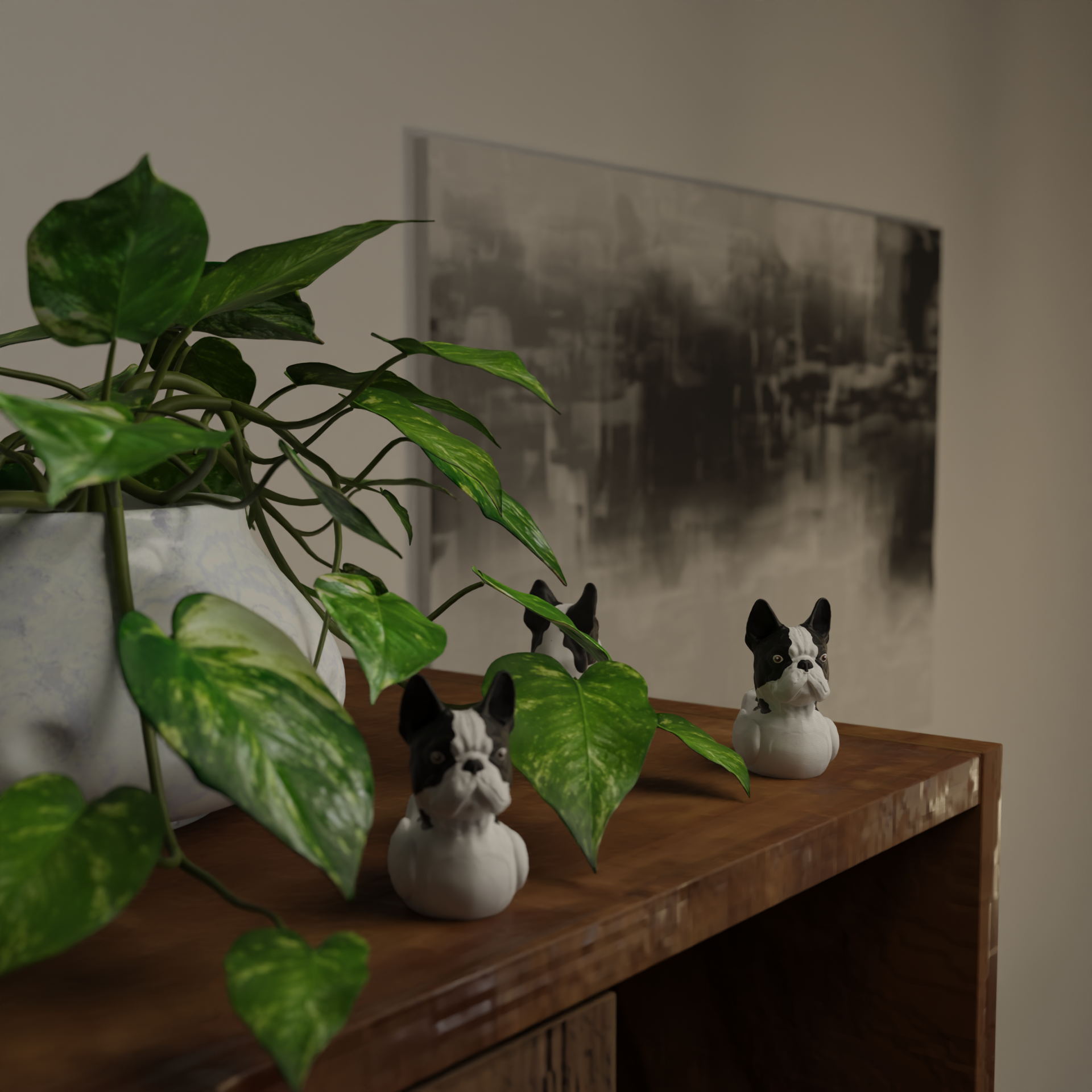 Small bulldog duck figurine next to a plant, funny miniature animal decoration and unique bulldog duck gift for home decor with greenery
