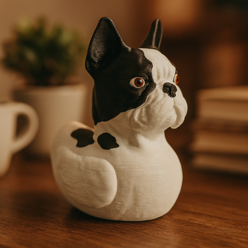 Small bulldog duck figurine on a desk, funny miniature animal decoration and unique duck gift for office or home workspace