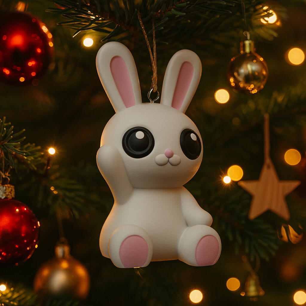 Funny bunny ornament hanging in a Christmas tree, cute miniature animal decoration and unique bunny gift for festive holiday decor