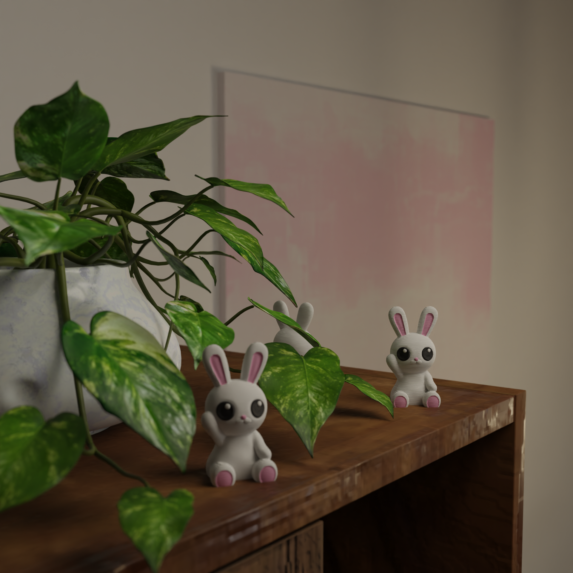Small bunny figurine next to a plant, funny miniature animal decoration and unique bunny gift for home decor with greenery