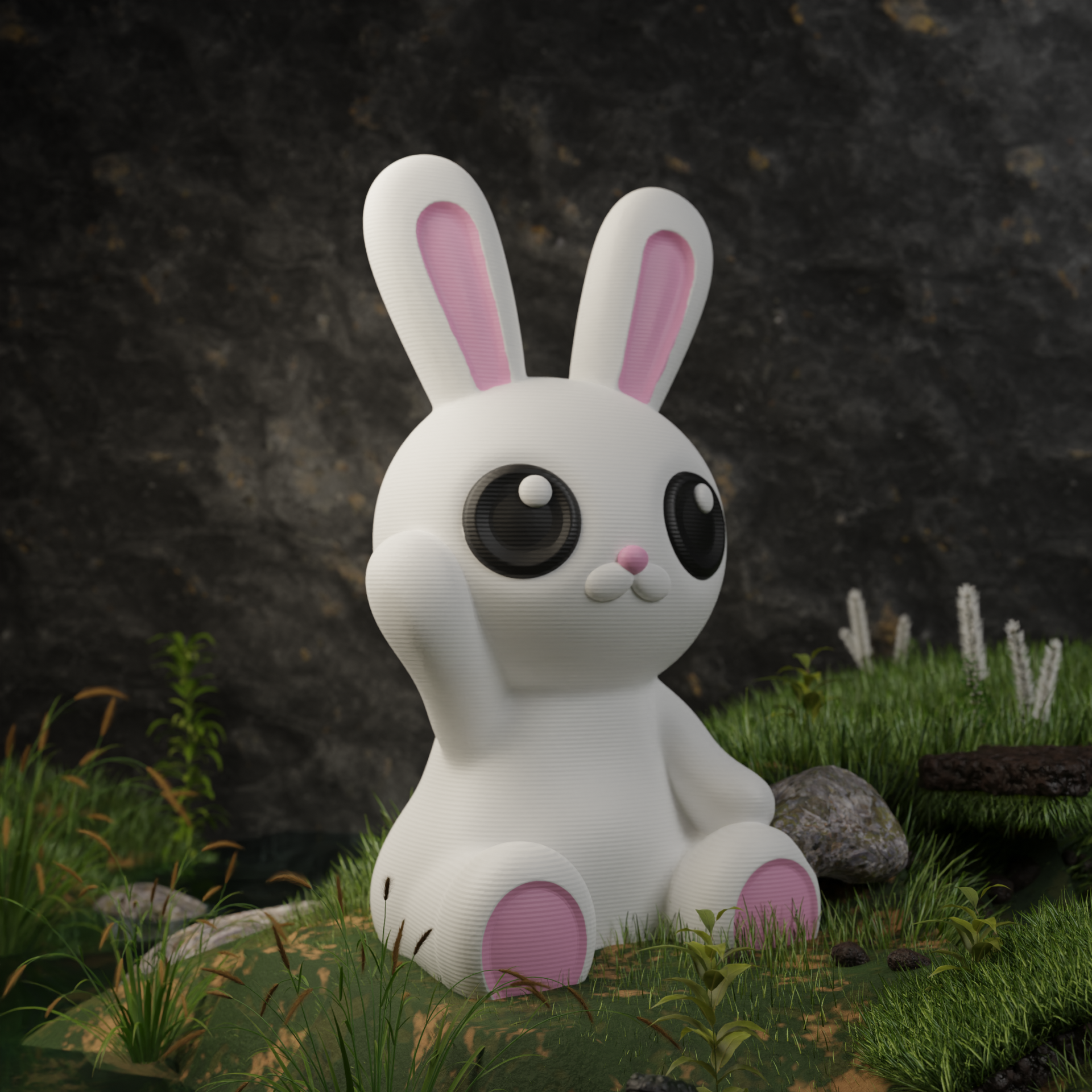 Small bunny figurine placed in grass, funny miniature animal decoration and unique bunny gift for outdoor or garden display