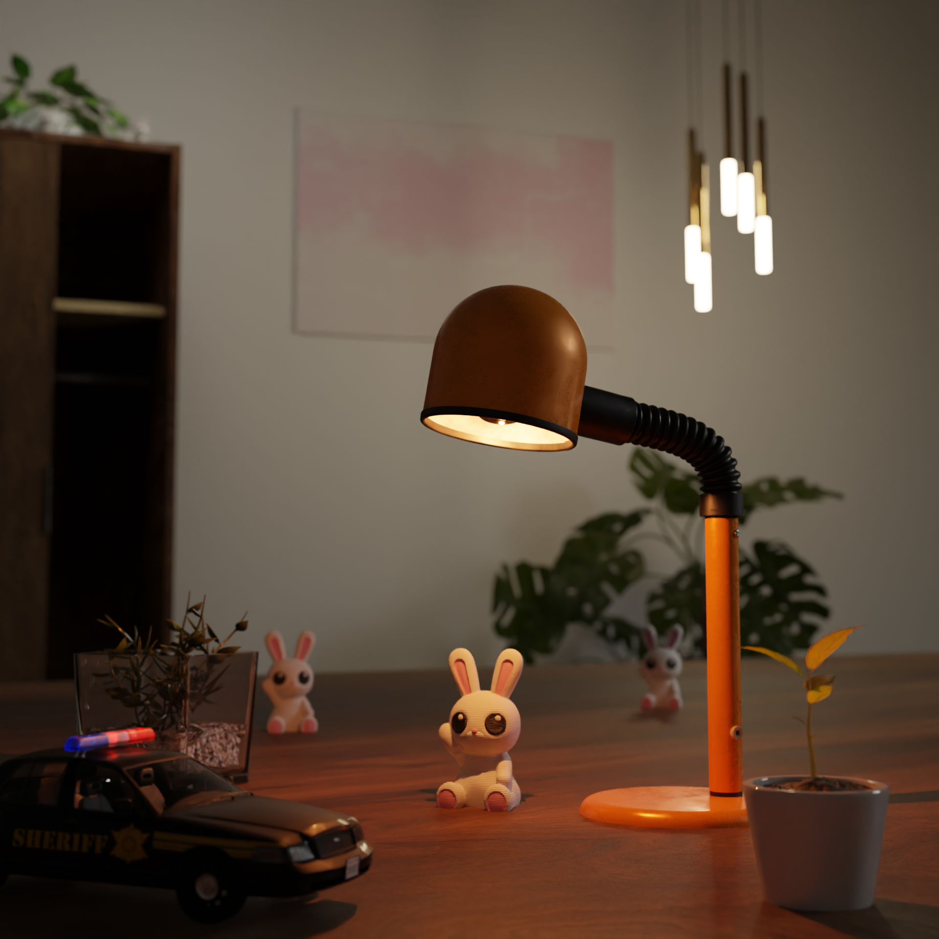 Small bunny figurine on a desk, funny miniature animal decoration and unique bunny gift for office or home workspace