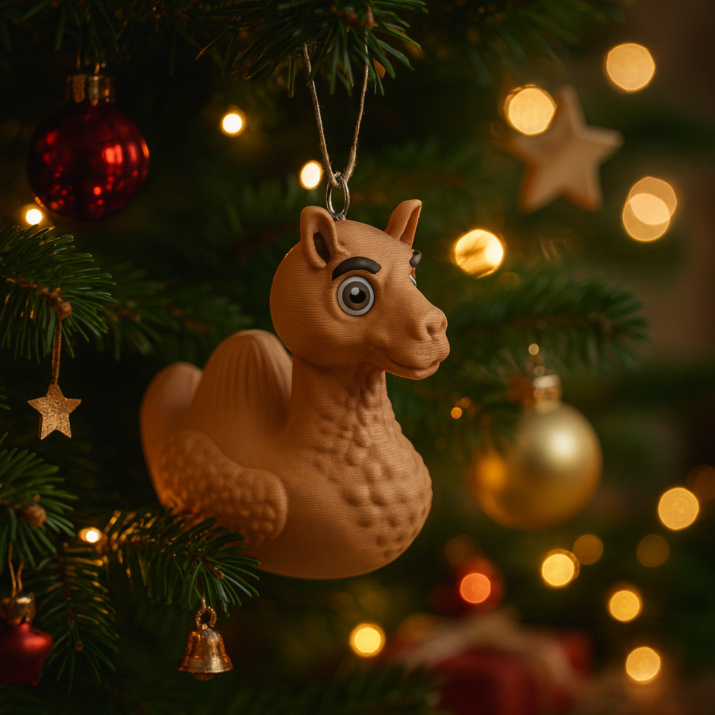 Funny Camel Duck ornament hanging in a Christmas tree, cute animal-themed miniature decoration and unique duck gift for festive holiday decor