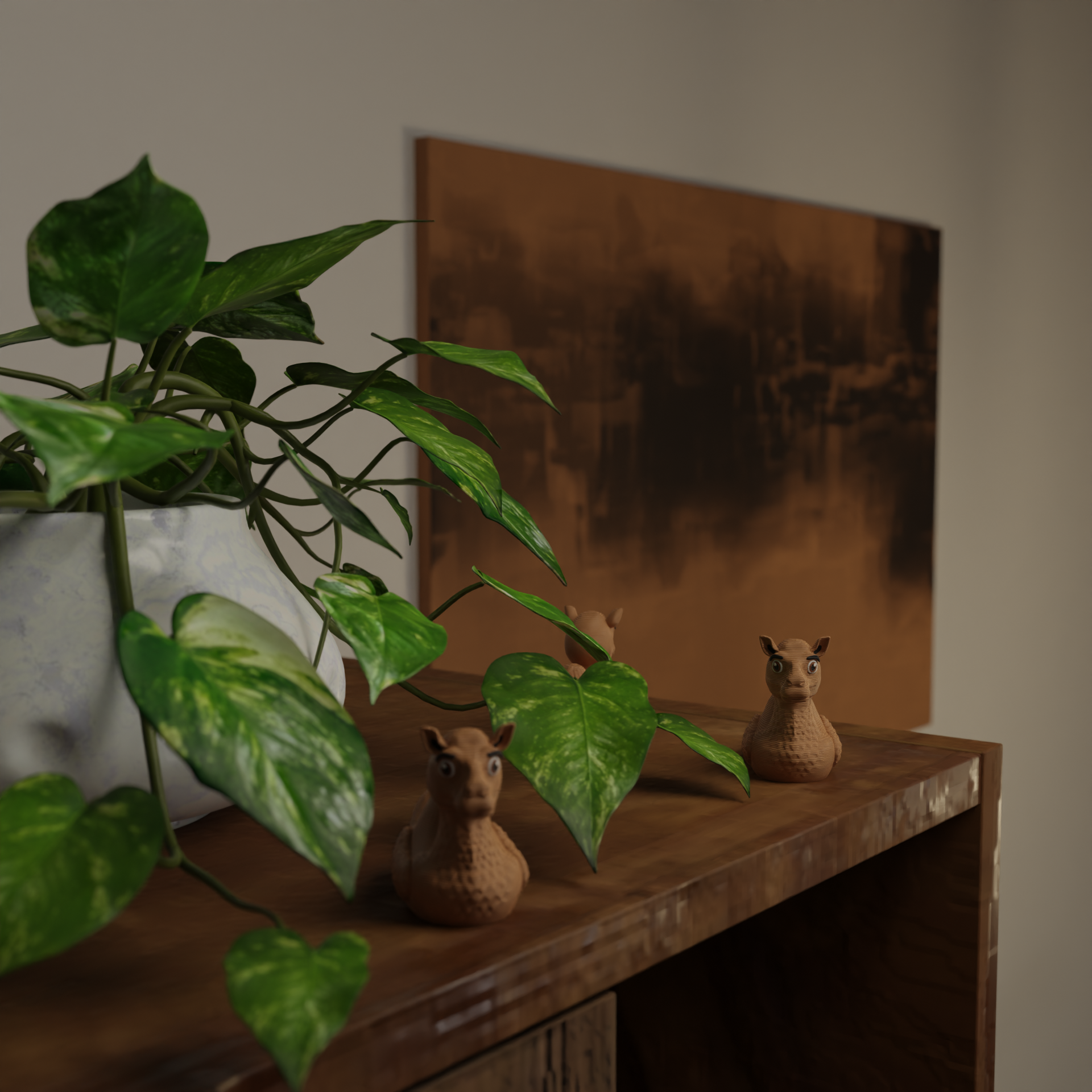Small Camel Duck figurine next to a plant, funny animal-themed miniature decoration and unique Camel Duck gift for home decor with greenery