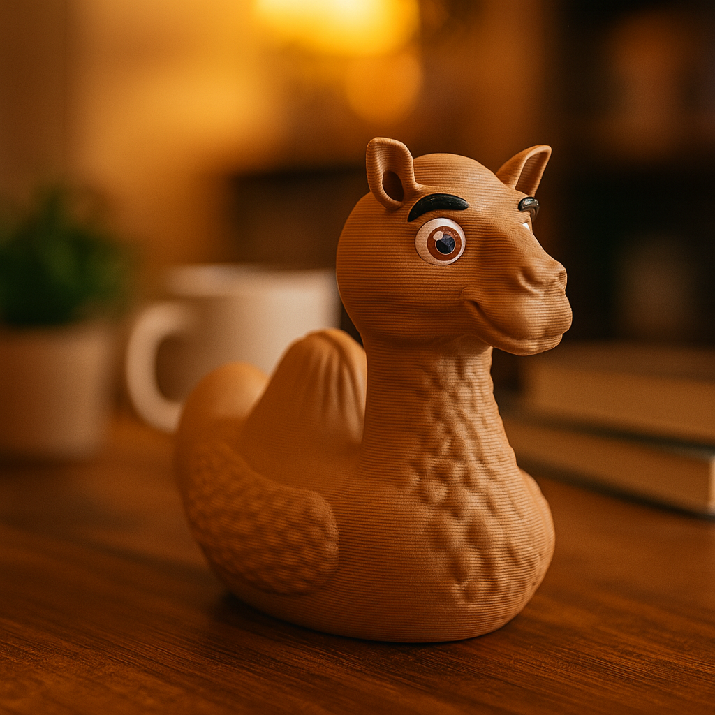 Small Camel Duck figurine on a desk, funny animal-themed miniature decoration and unique duck gift for office or home workspace