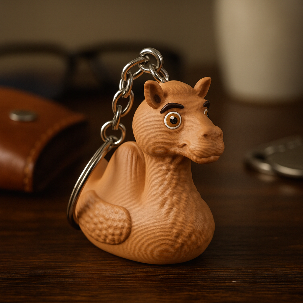 Small Camel Duck keychain, funny animal-themed miniature accessory and unique duck gift for keys, bags or backpacks