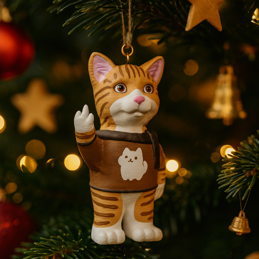 Funny cat ornament hanging in a Christmas tree, cute miniature pet decoration and unique cat gift for festive holiday decor