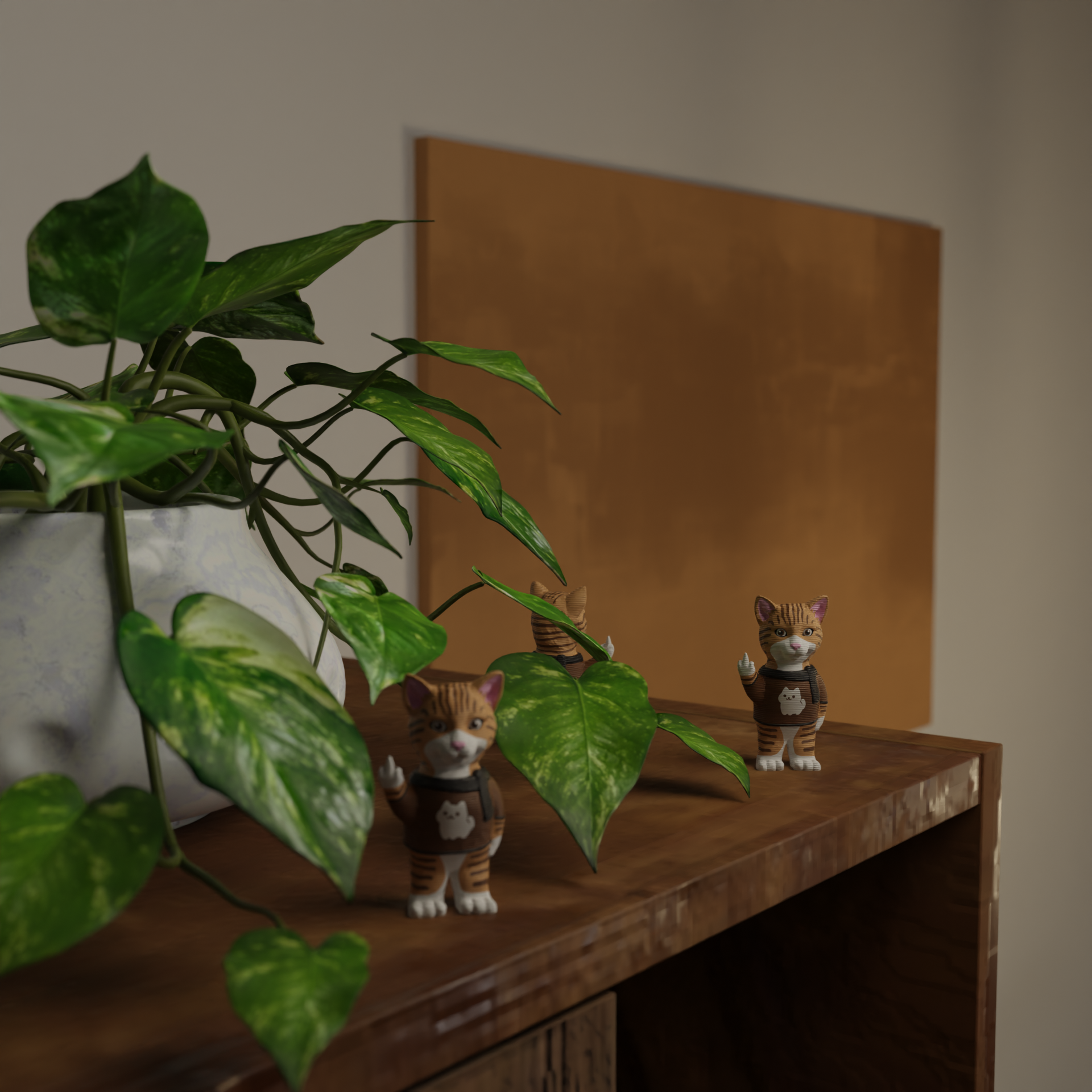 Small cat figurine next to a plant, funny miniature pet decoration and unique cat gift for home decor with greenery