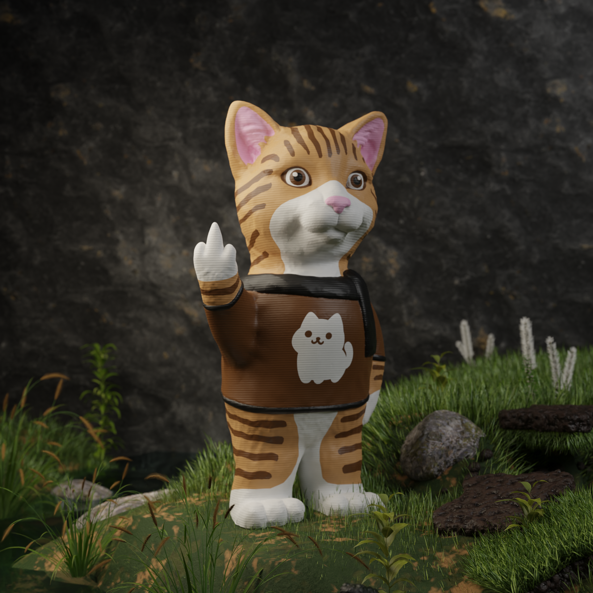 Small cat figurine in a garden, miniature pet decoration and funny cat gift for outdoor or balcony decor