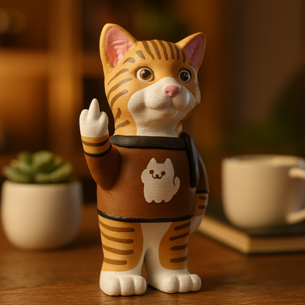 Small cat figurine on a desk, funny miniature pet decoration and unique cat gift for office or home workspace