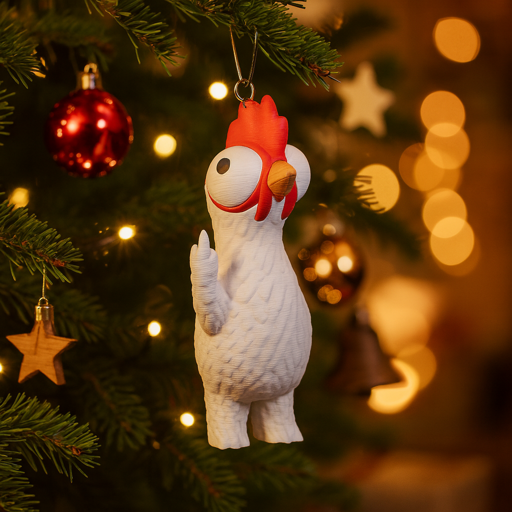 Funny chicken ornament hanging in a Christmas tree, cute miniature farm animal decoration and unique chicken gift for festive holiday decor