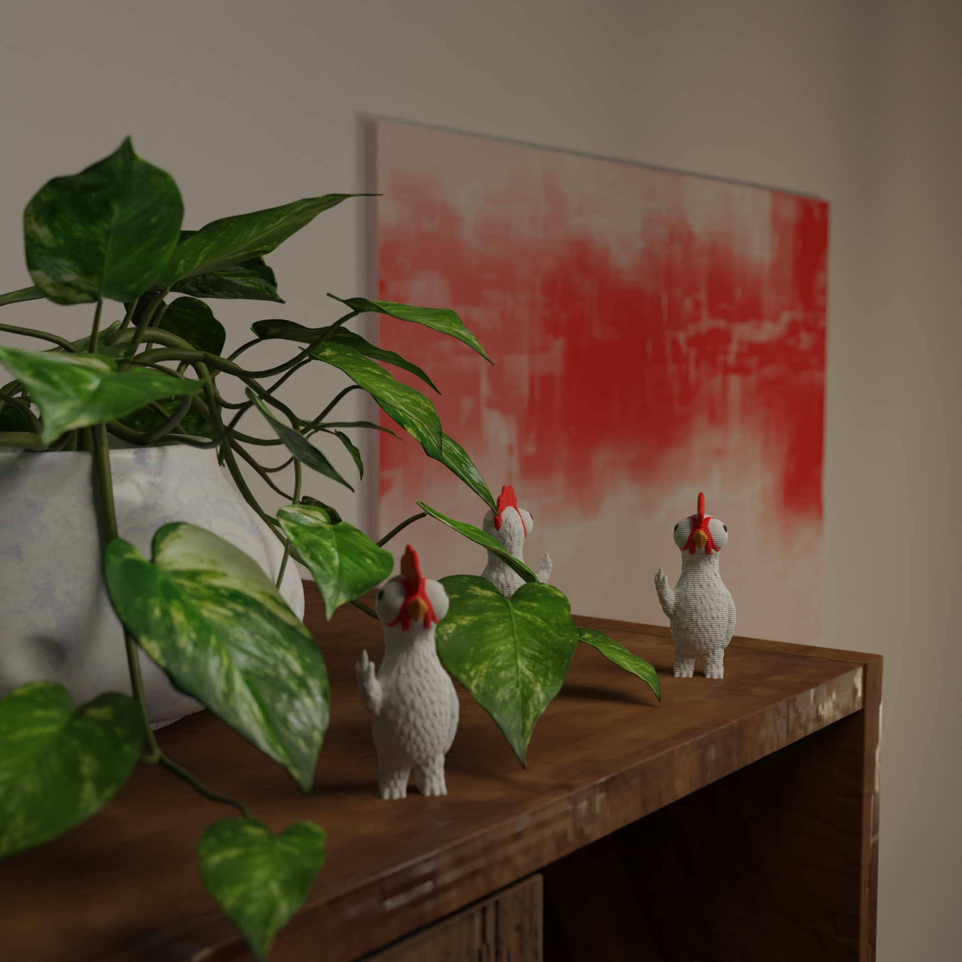 Small chicken figurine next to a plant, funny miniature farm animal decoration and unique chicken gift for home decor with greenery