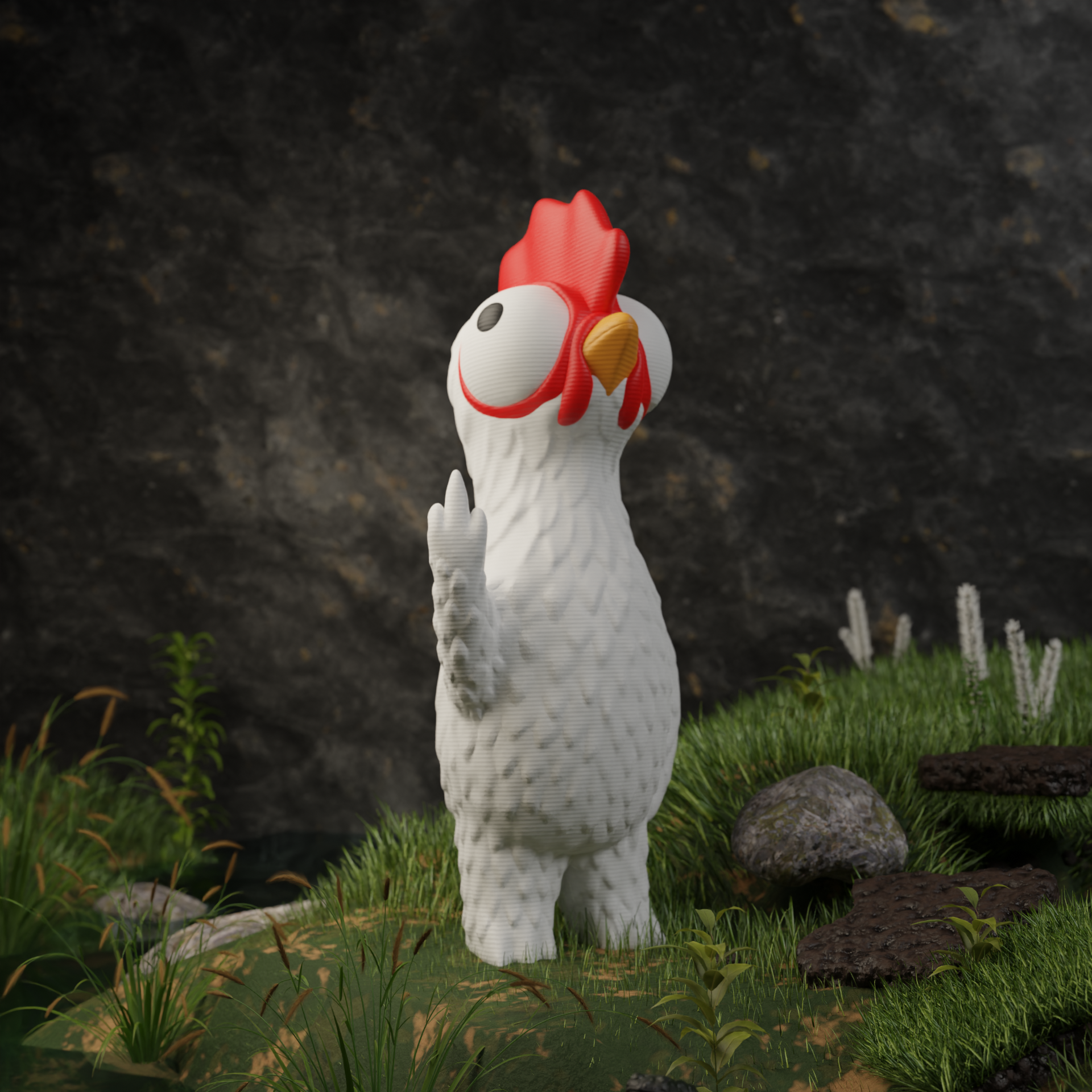 Small chicken figurine in a garden, miniature farm animal decoration and funny chicken gift for outdoor or balcony decor