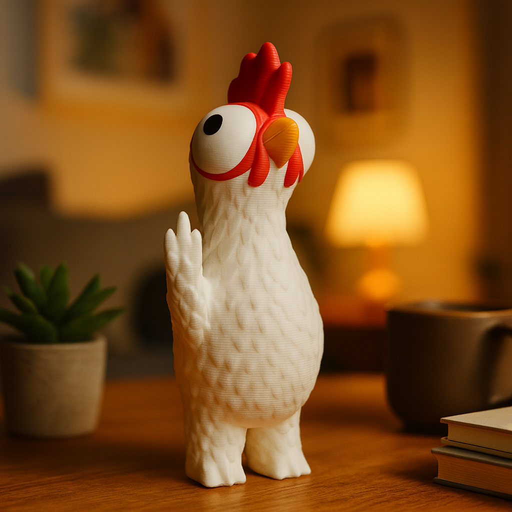 Small chicken figurine on a desk, funny miniature farm animal decoration and unique chicken gift for office or home workspace