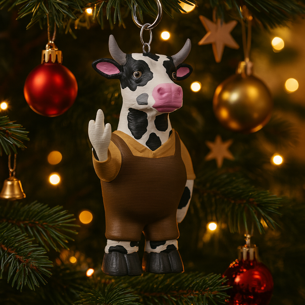 Funny cow ornament hanging in a Christmas tree, cute miniature farm animal decoration and unique cow gift for festive holiday decor