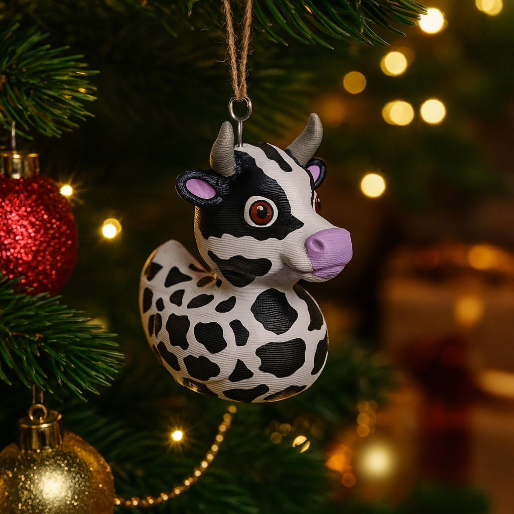 Funny Cow Duck ornament hanging in a Christmas tree, cute farm animal-themed miniature decoration and unique duck gift for festive holiday decor