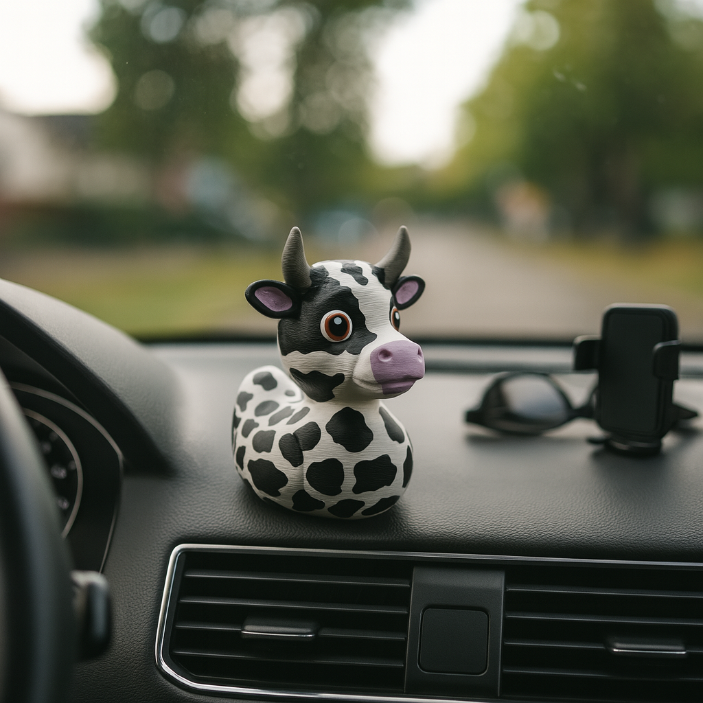Funny Cow Duck figurine for car dashboard, farm animal-themed miniature decoration and unique duck gift for car or vehicle interior