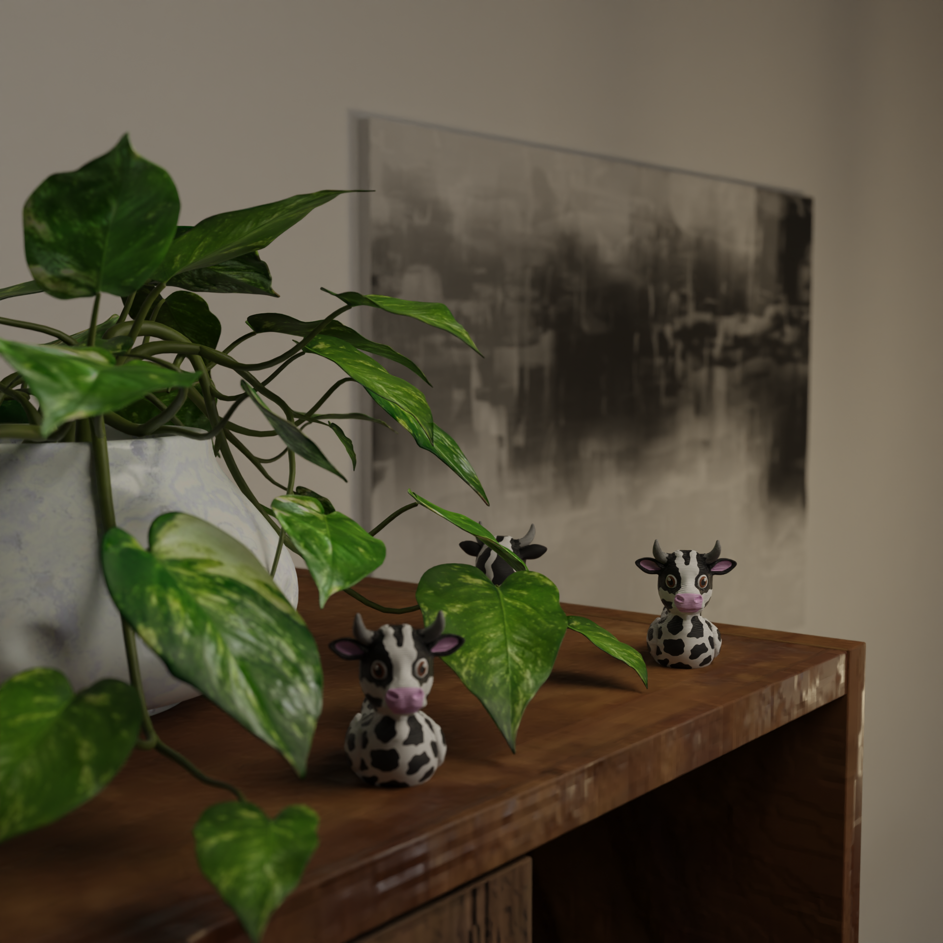 Small Cow Duck figurine next to a plant, funny farm animal-themed miniature decoration and unique Cow Duck gift for home decor with greenery
