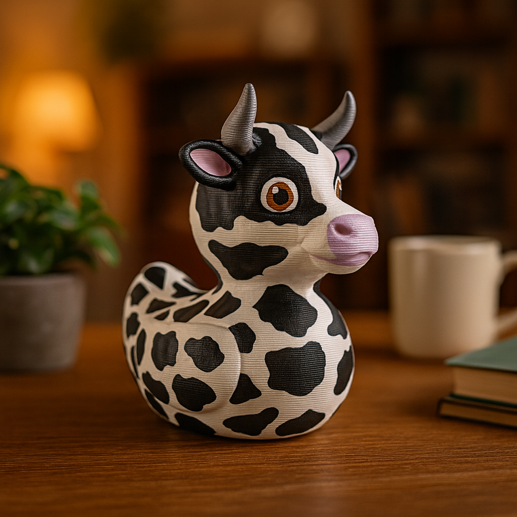 Small Cow Duck figurine on a desk, funny farm animal-themed miniature decoration and unique duck gift for office or home workspace