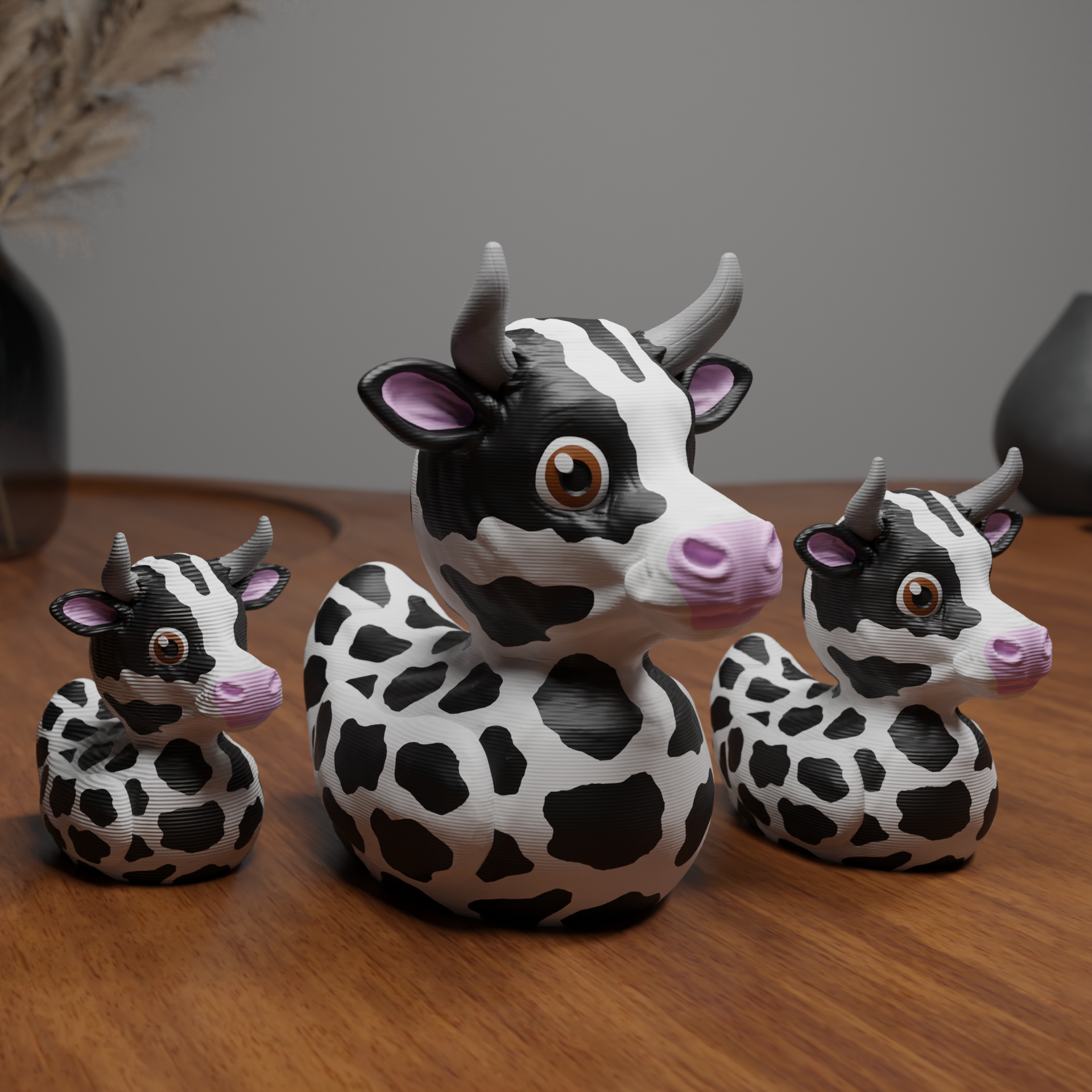 Small Cow Duck figurine displayed on a shelf, cute farm animal-themed miniature decoration and funny Cow Duck gift for home interior display