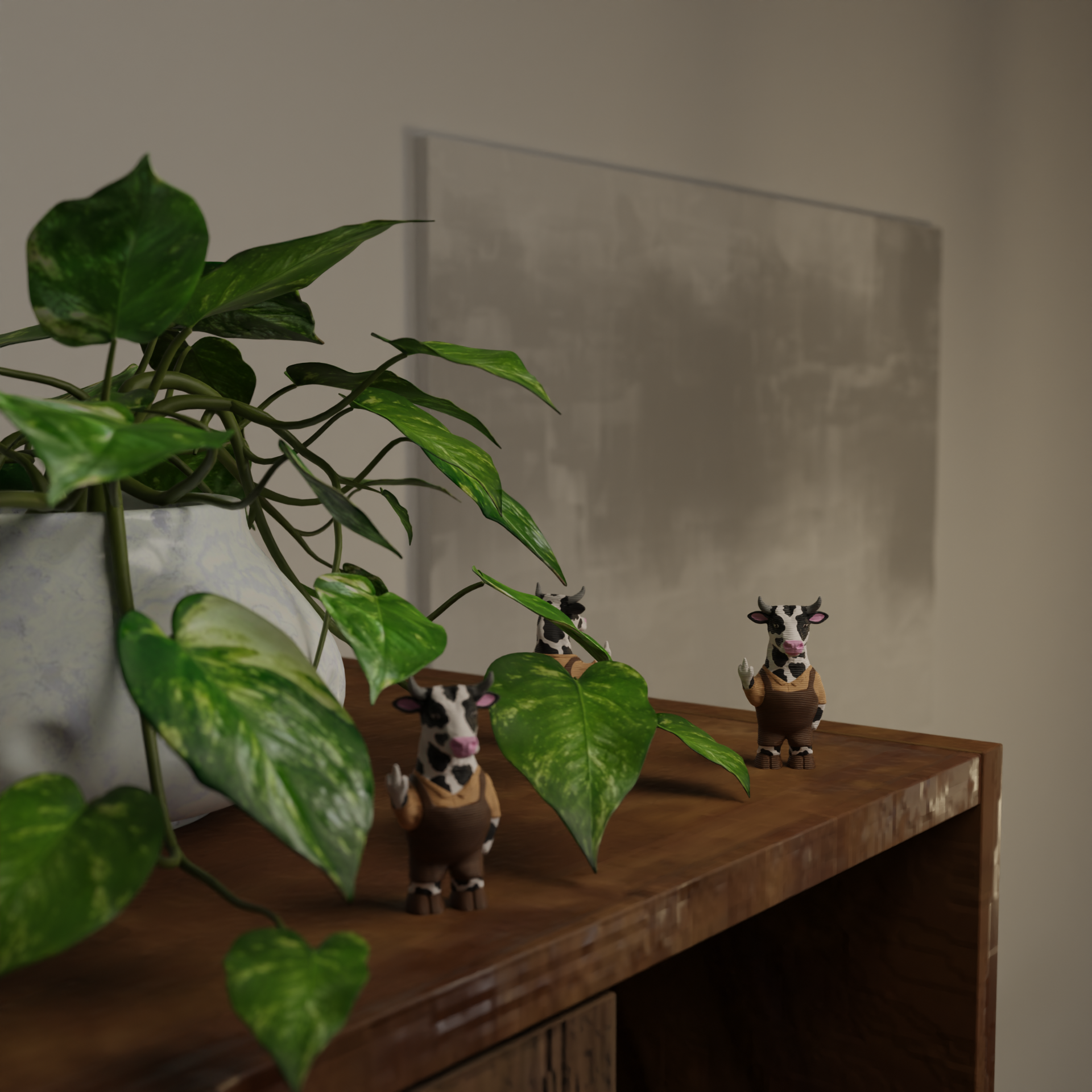 Small cow figurine next to a plant, funny miniature farm animal decoration and unique cow gift for home decor with greenery