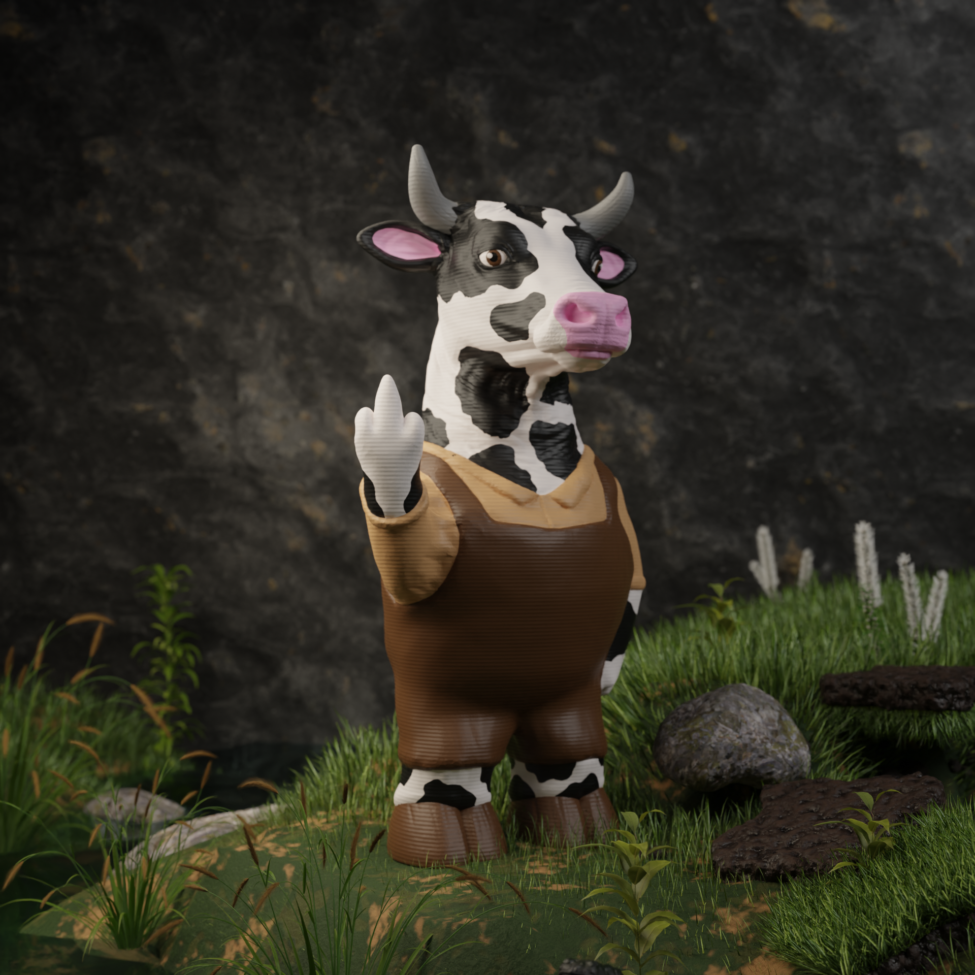 Small cow figurine in a garden, miniature farm animal decoration and funny cow gift for outdoor or balcony decor